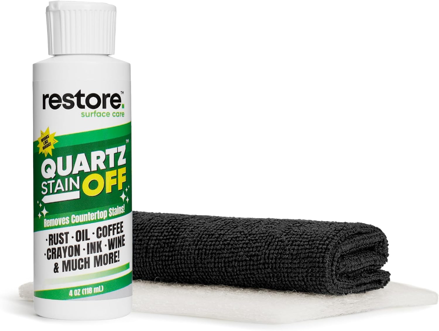 Restore Surface Care Quartz Stain Off kit with microfiber cloths