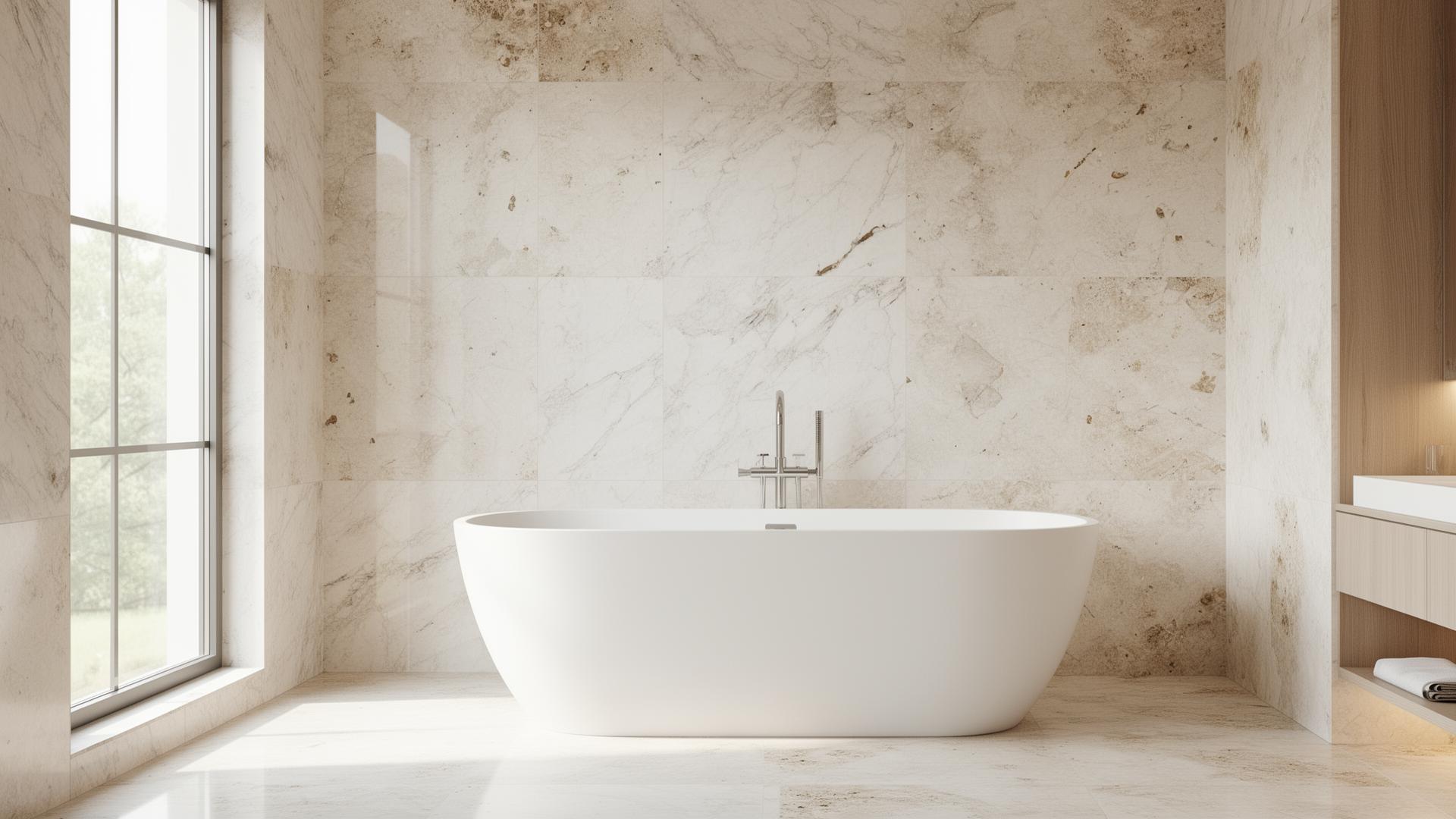 Bright bathtub area with elegant stone finishes